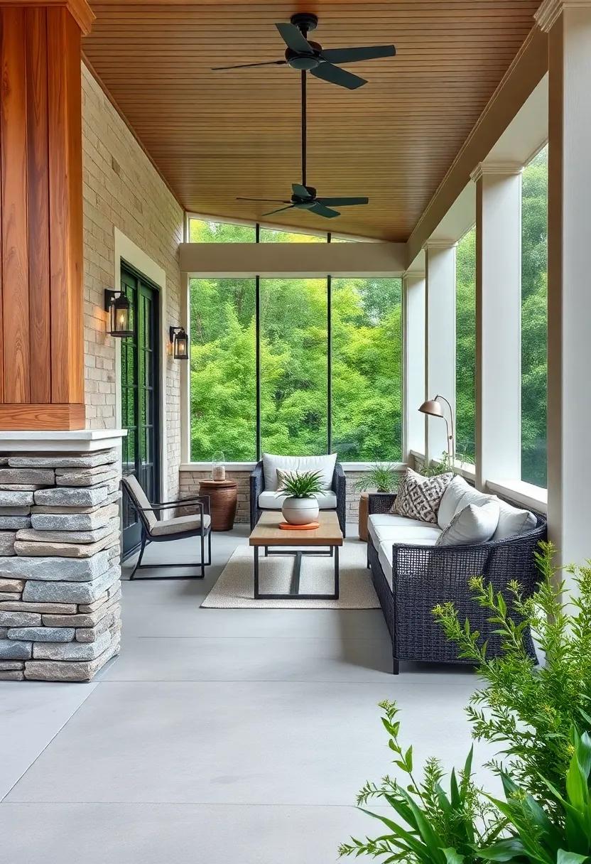 A ‌Stacked⁤ Stone Base Supporting‍ Smooth wooden Columns ⁤in a Modern Farmhouse‍ Inspired‍ Screened Porch