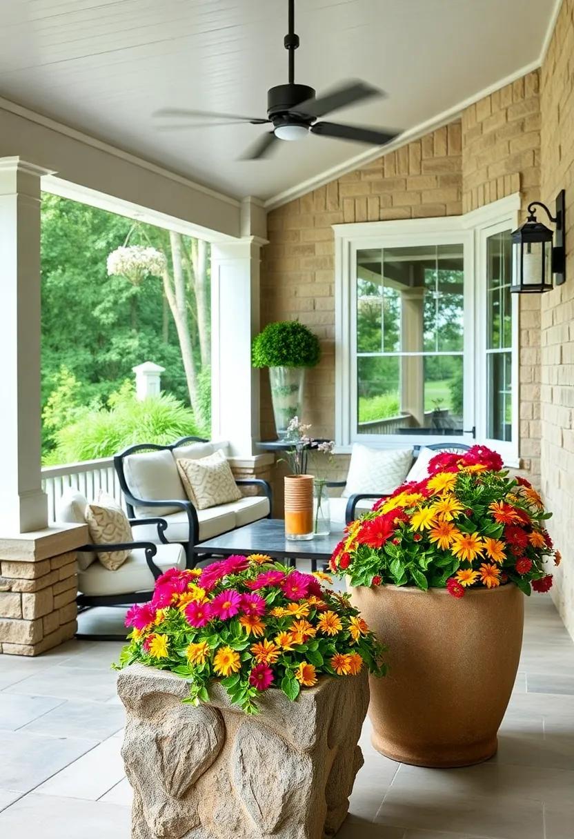 Stone Planters Overflowing with Seasonal Flowers Enhancing the Fresh Air Feel of a Screened Porch