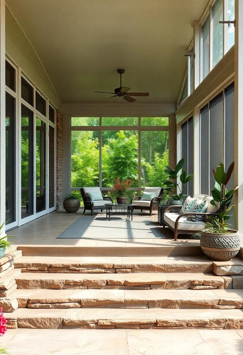 Stone Steps Leading into Airy Screened Porches with Comfortable Lounge Chairs and Natural Elements