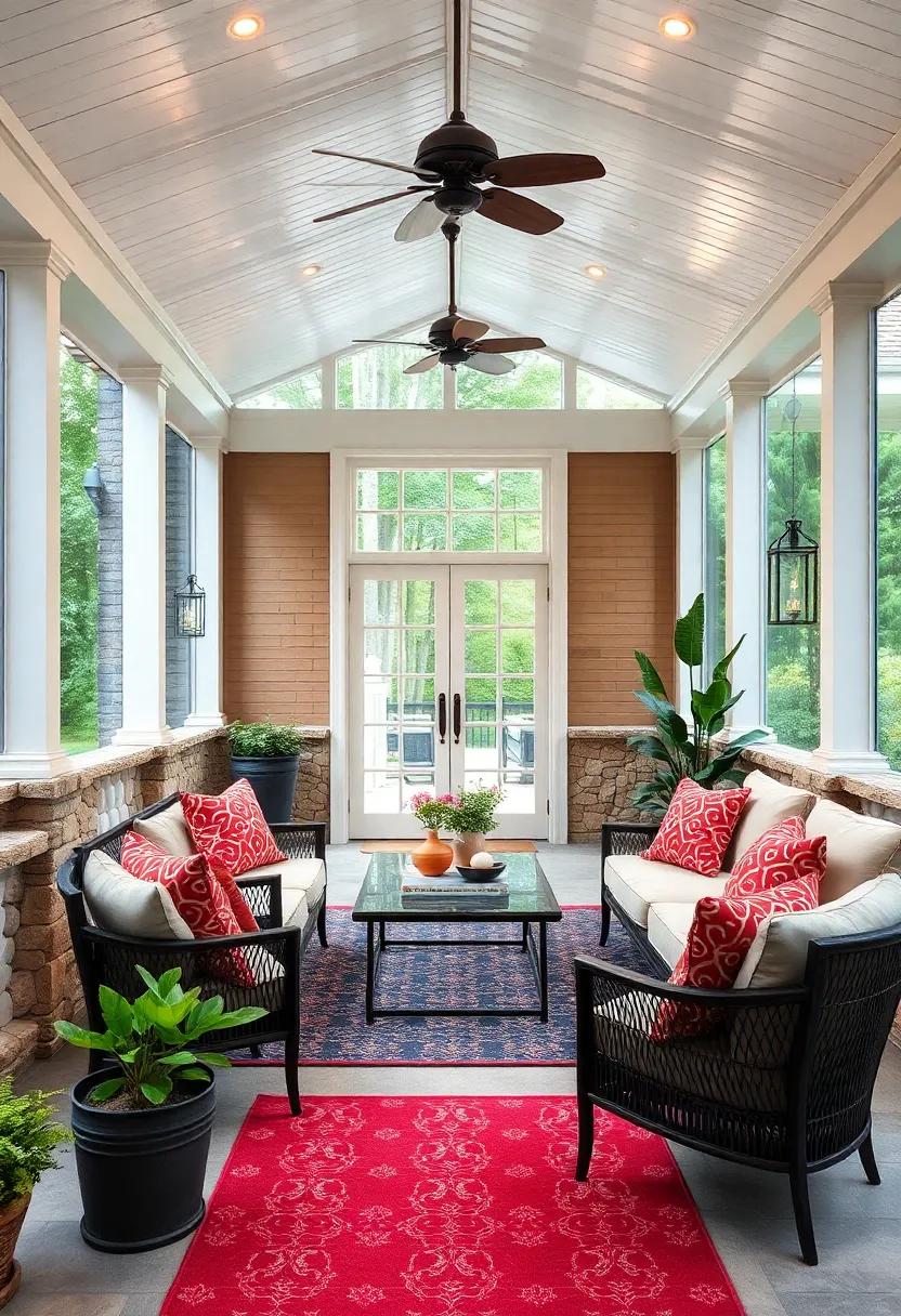 A Symmetrical‌ Layout Featuring Stone Balustrades⁤ and ​Elegant lanterns Enhancing a ‍Light-Filled ⁤Screened Porch