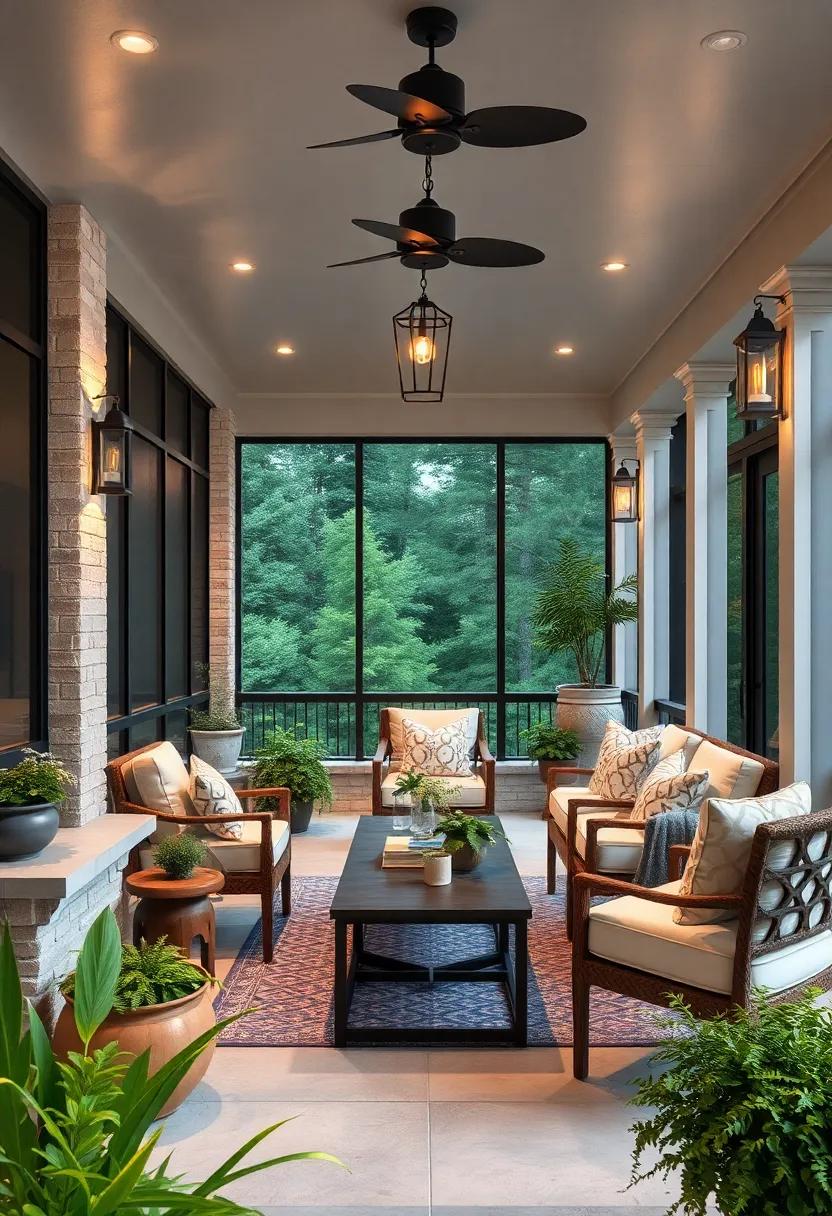 Traditional Screened Porch Elements United by stone sills and Vintage Lantern Fixtures