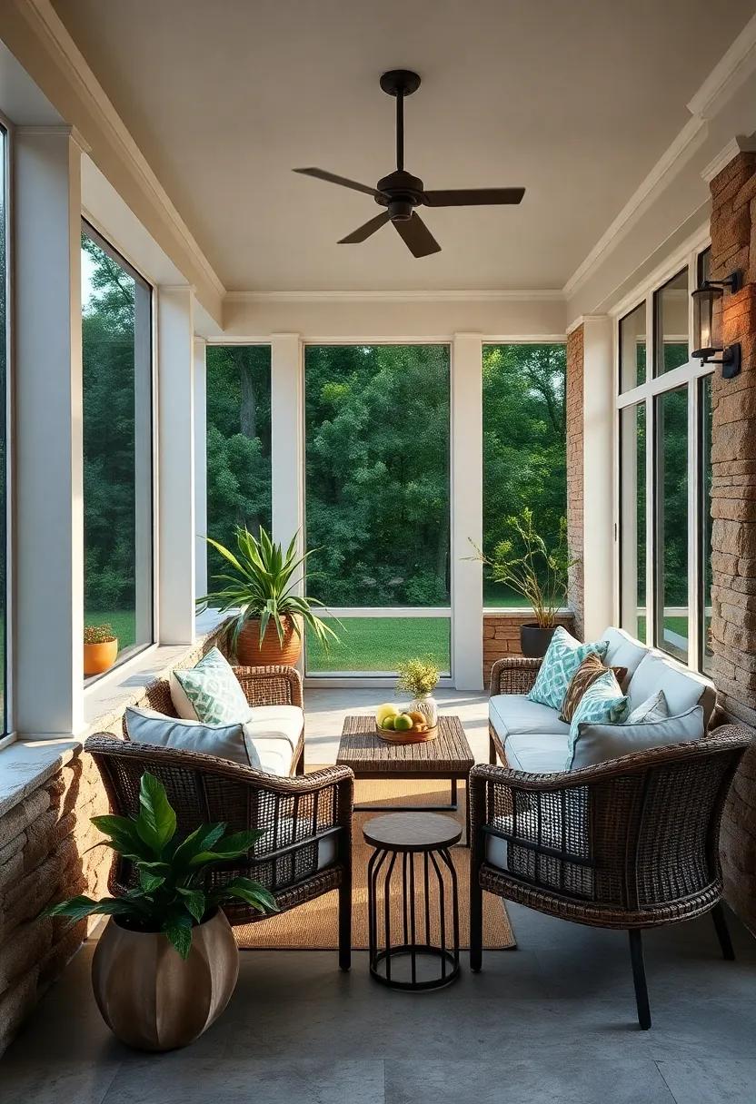 A Tranquil Morning Scene with Dew-kissed Stone ⁣Surrounds and Elegant Woven Furnishings on ‍a Screened⁢ Porch