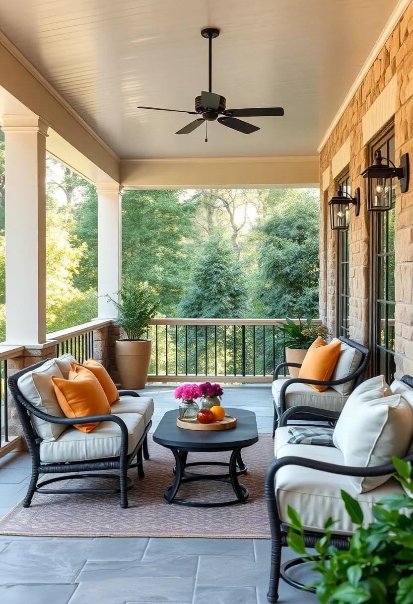 Tranquil Morning Scenes with Linen Upholstery and Weathered Stone Surrounds on a Screened Porch