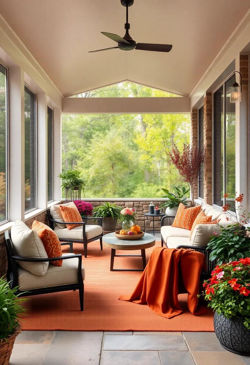 Vibrant Autumn Screened Porch Scenes with Earthy Stone Accents and Plush Textiles