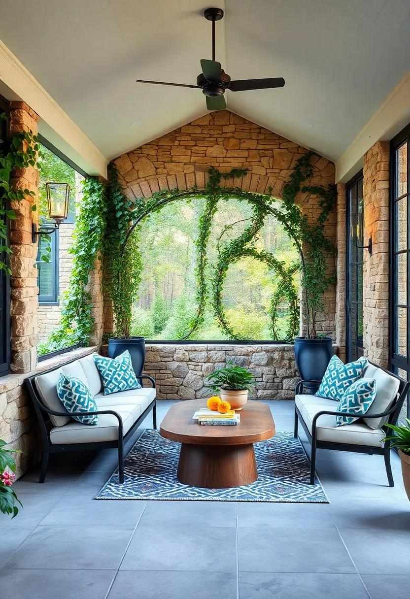 Vine-Covered ⁣Stone‌ Walls Forming ⁤a ​Natural Backdrop to a⁣ Charming Screened Porch with Cozy⁣ Seating Nooks