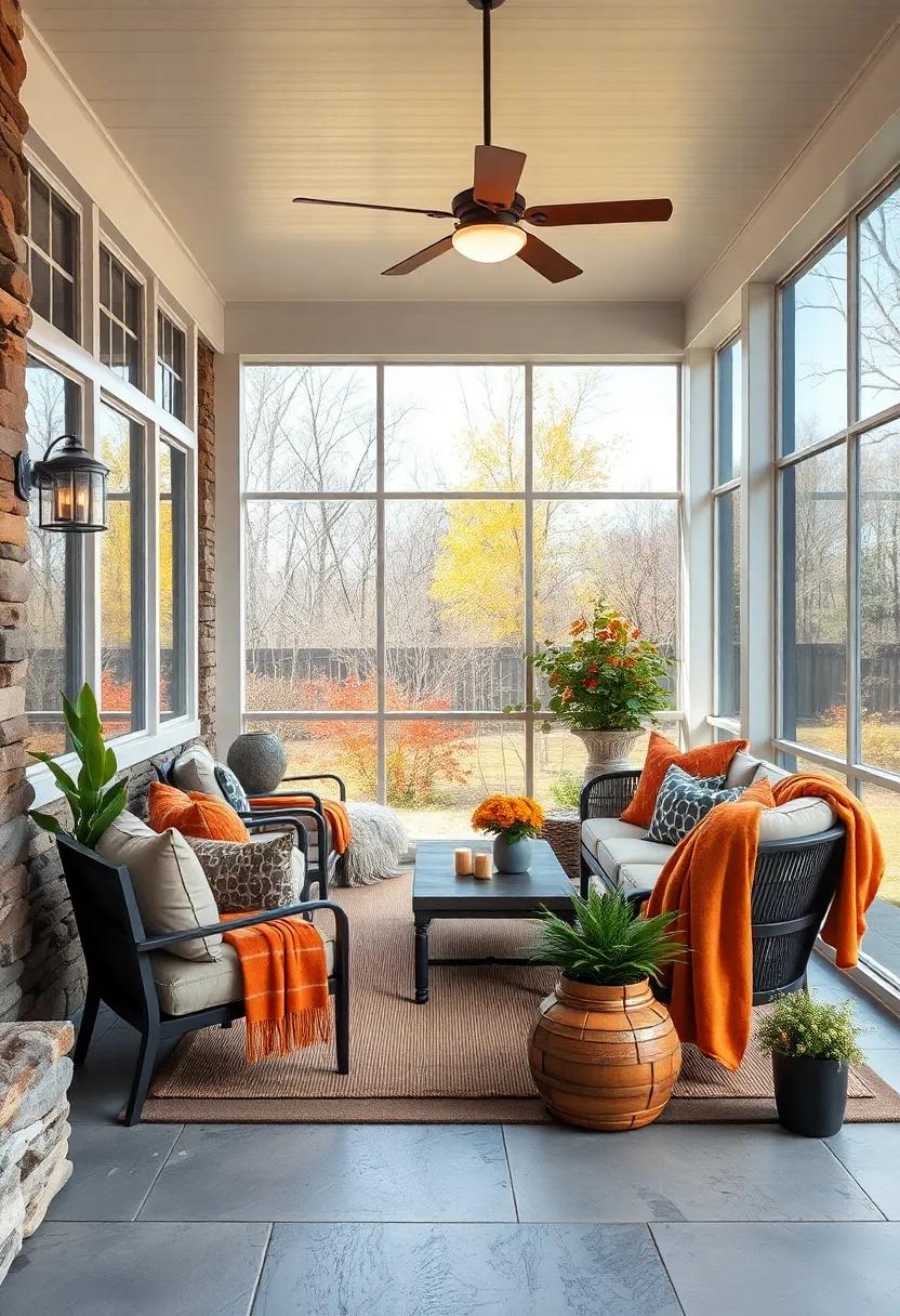 Warm ​Autumn Hues Complementing ‌Stone Surroundings⁤ and Cozy Throws in a Screened ⁤Porch Retreat