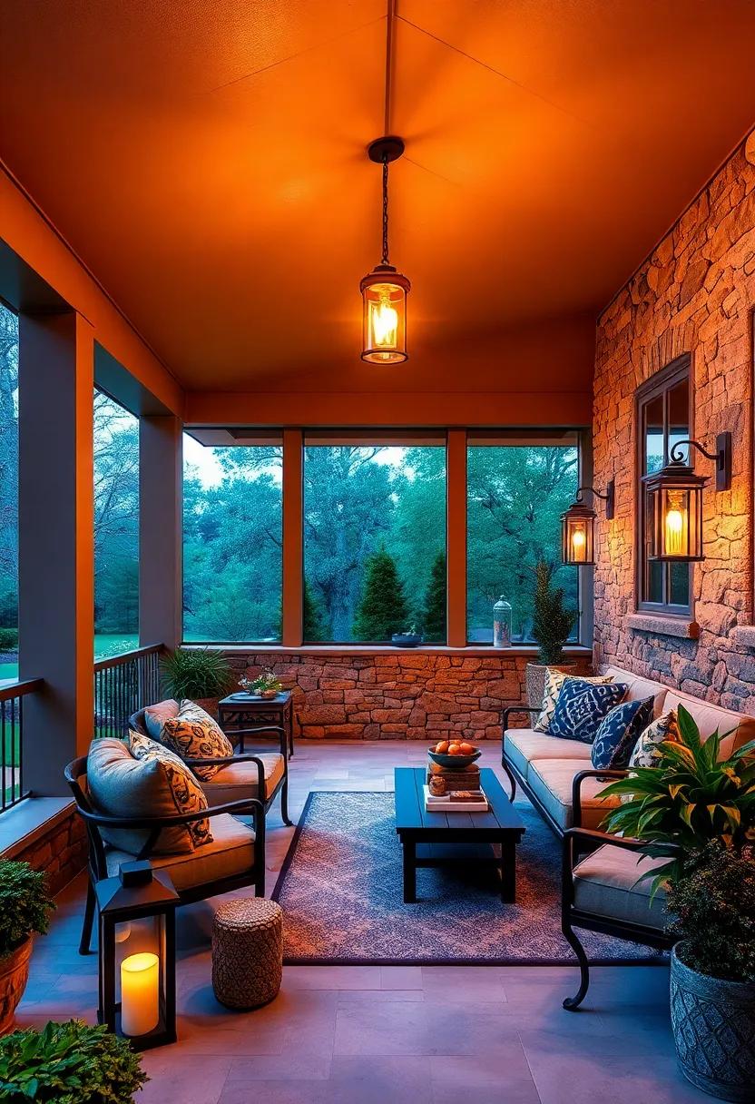 Warm Twilight Views Overlooking a Stone Wall and Cozy Lantern Lighting on a Screened Porch