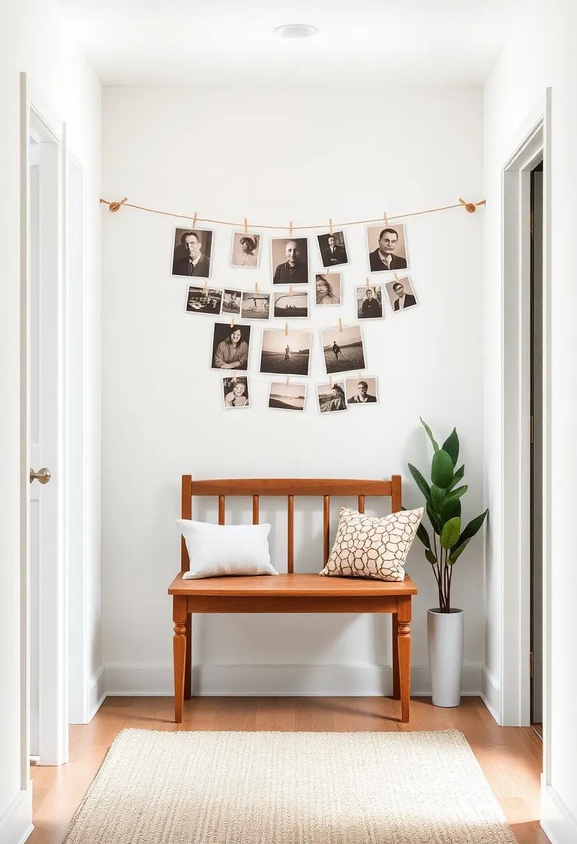 Embrace nostalgia with a​ vintage photo display featuring sepia-toned images ⁣hung ‌on ⁤twine above a small bench, creating a cozy memory corner