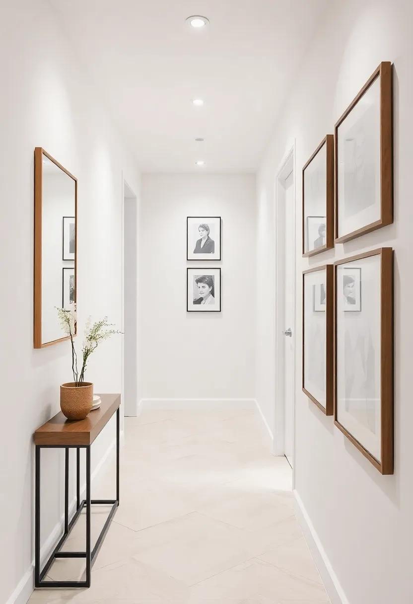 Elevate your space by combining framed portraits with mirrors, reflecting light and creating an illusion of a larger hallway