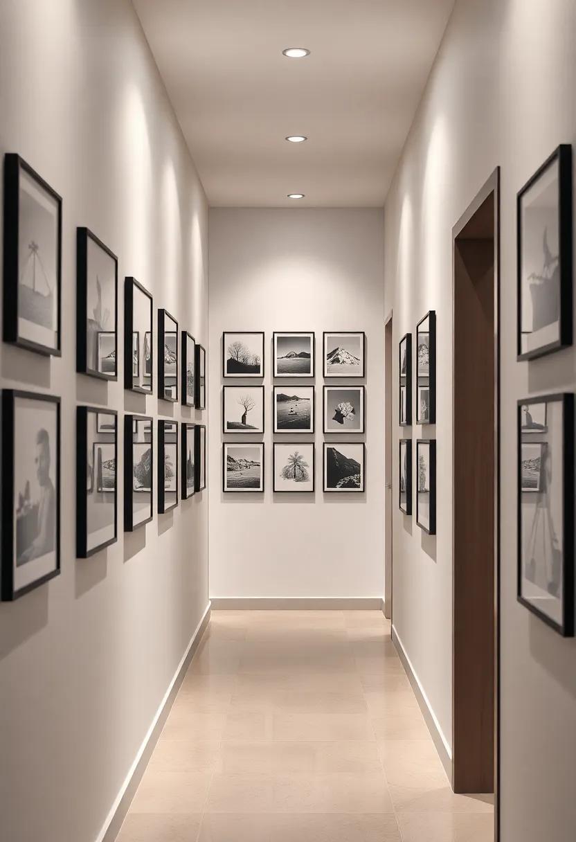 Create a calming ⁤oasis by using soft lighting on an arrangement of​ black and white ‍photographs, allowing for quiet reflection as you pass through