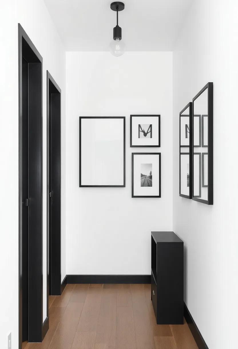 Create a⁣ modern statement‍ with a geometric arrangement of black and white frames on a⁣ sleek, narrow wall,⁢ paired with an industrial-style ⁢light fixture