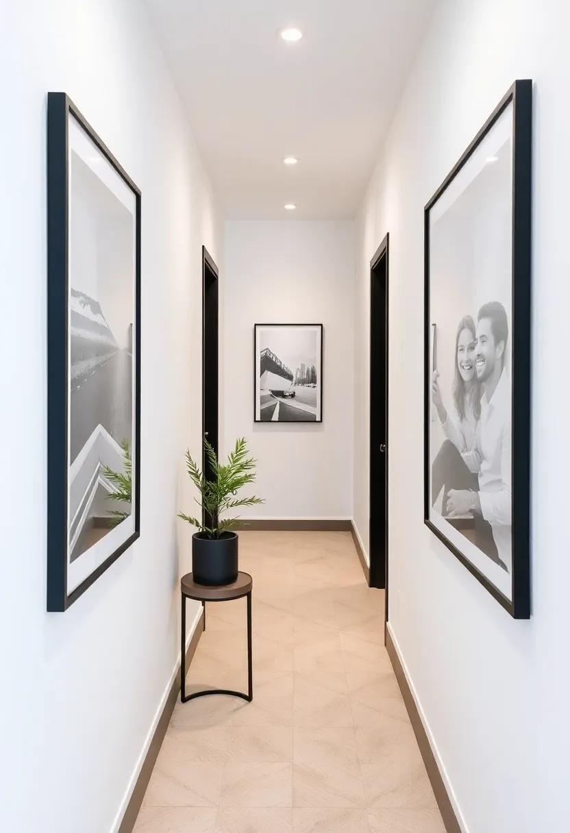 Opt‌ for a⁣ monochromatic theme with sleek black frames and minimalist decor, giving a polished, sophisticated look to​ your narrow ‍passage