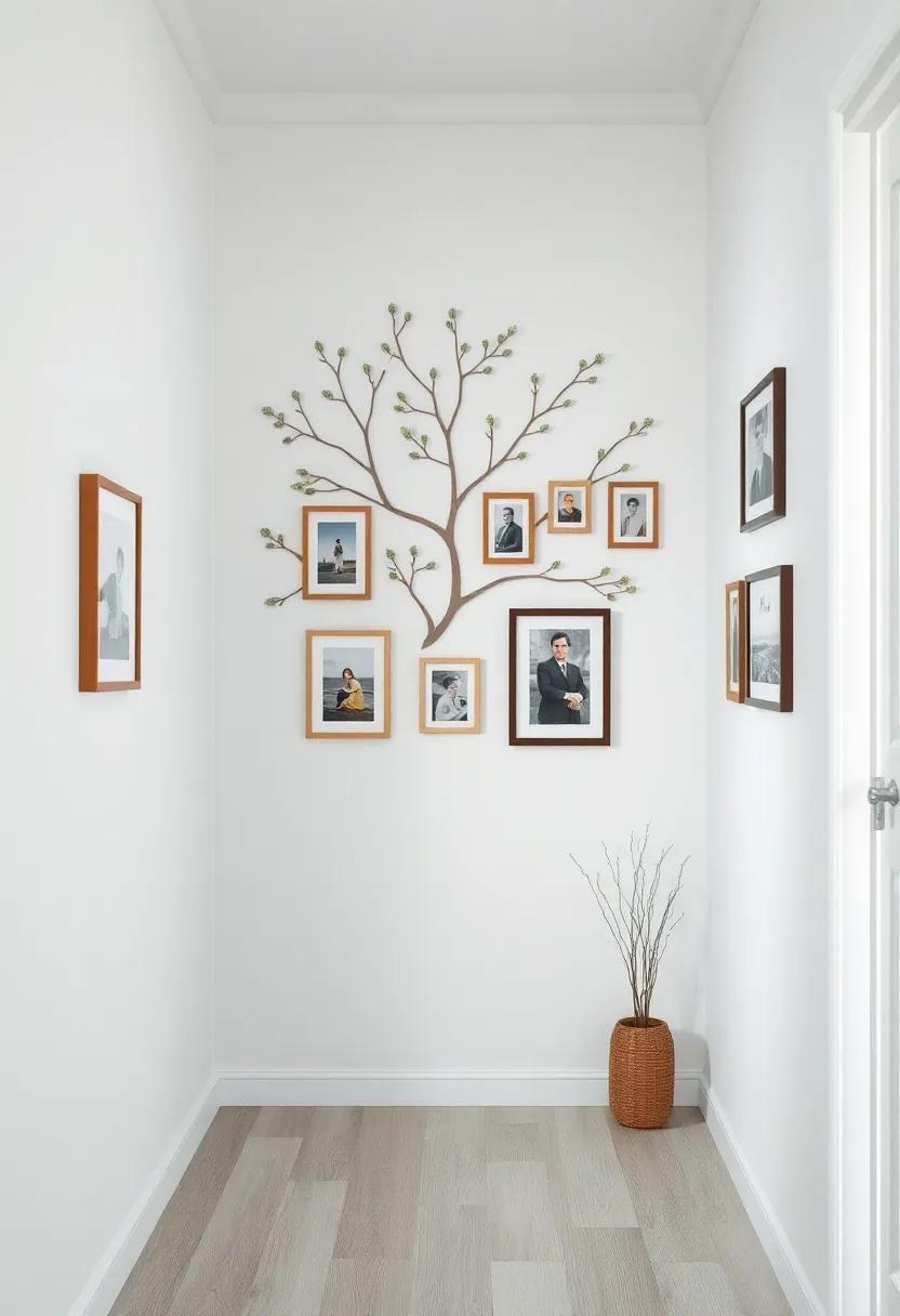 Craft ​a family ⁣tree on your hallway⁣ wall with framed ⁢pictures‌ connected by delicate branches, ⁤celebrating your lineage⁢ with style