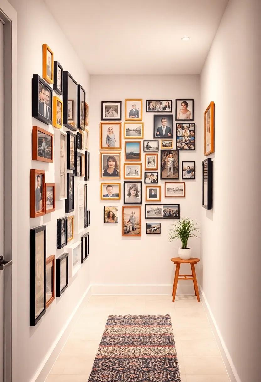 Incorporate‍ varying frame sizes and shapes to form an eclectic mosaic, breathing life ‍into an otherwise ⁢plain​ hallway