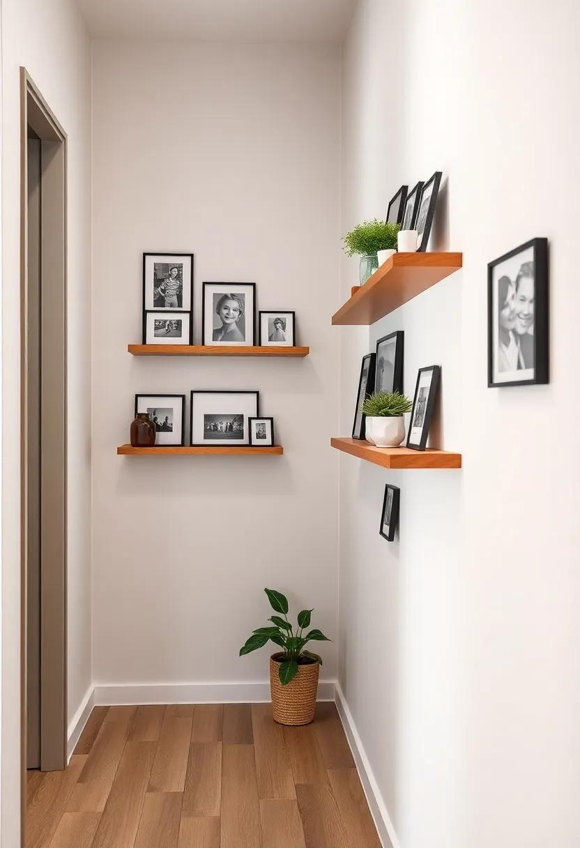 go minimalistic with a series of floating shelves⁣ lined with⁤ framed photos, plants, and small decorative items,‍ enhancing both storage and style