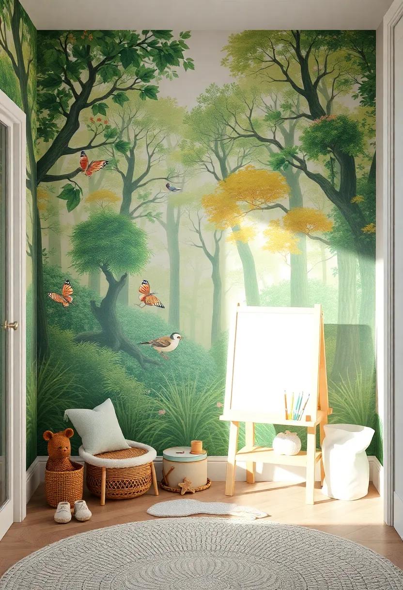 Whimsical Wonder: A‍ vibrant⁣ room ⁤adorned⁢ with a mural of enchanted ​forests, coupled‌ with a compact easel and art supplies tucked‍ beneath ⁣a​ cozy ⁢reading nook, encouraging endless creativity and storytelling