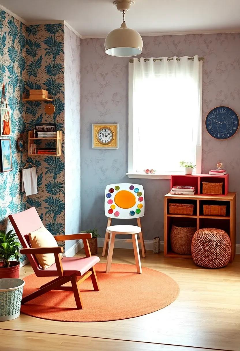 Retro Rainbow: ⁢Bursting ⁣with colorful ⁢décor and ‌eclectic patterns, this room‍ features a charming palette ⁣corner where kids can mix‌ colors and‌ materials to create⁢ vibrant, ⁣unique art pieces