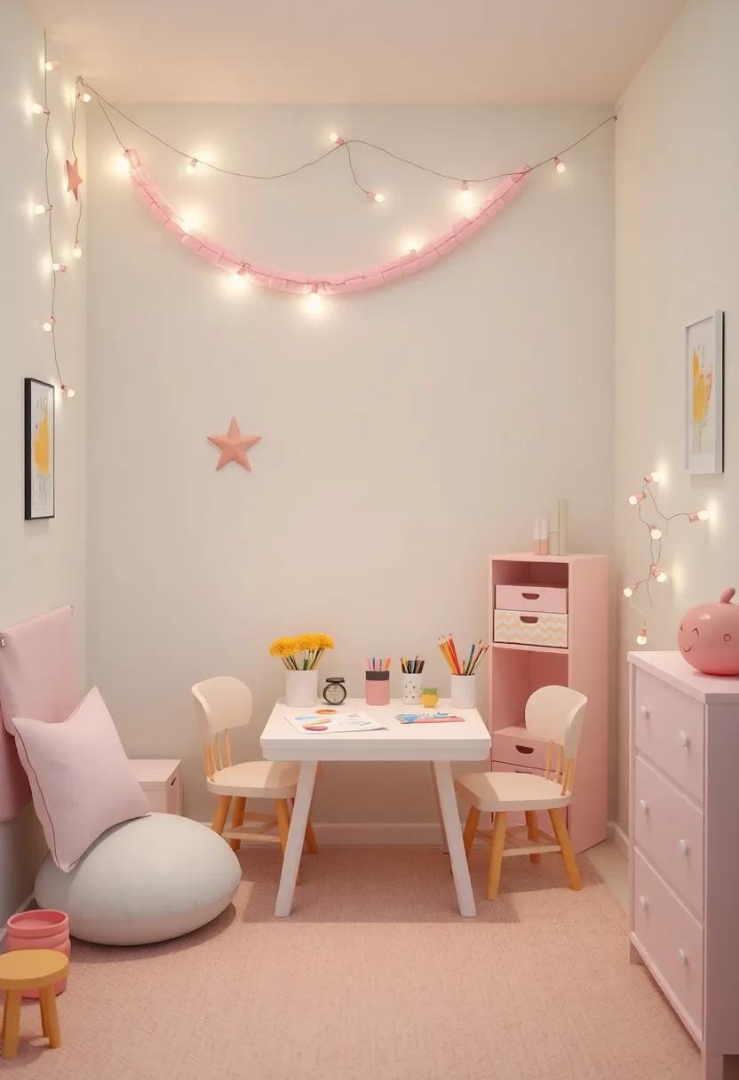 Magical Storyland: Featuring ⁢fairy lights ​and pastel decor, this enchanting room ‍includes ⁤a ‍small art corner, complete with a mini-table and easy access to a variety ⁤of creative supplies in‌ charming ​containers