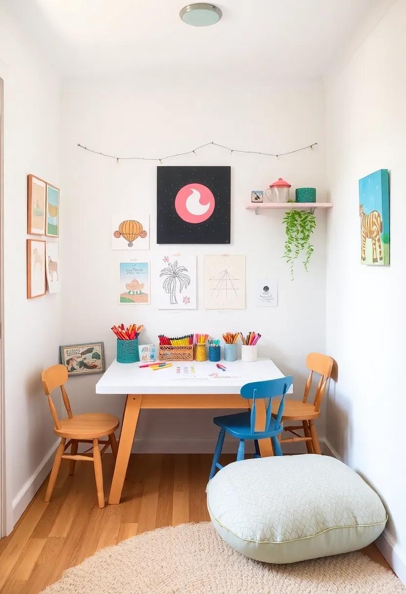 Whimsical Wonders:⁢ While featuring a magical theme,‍ this small room⁤ prioritizes creativity with a wall space for displaying‍ artwork and an art‍ table ​stocked with colorful supplies to ignite young imaginations