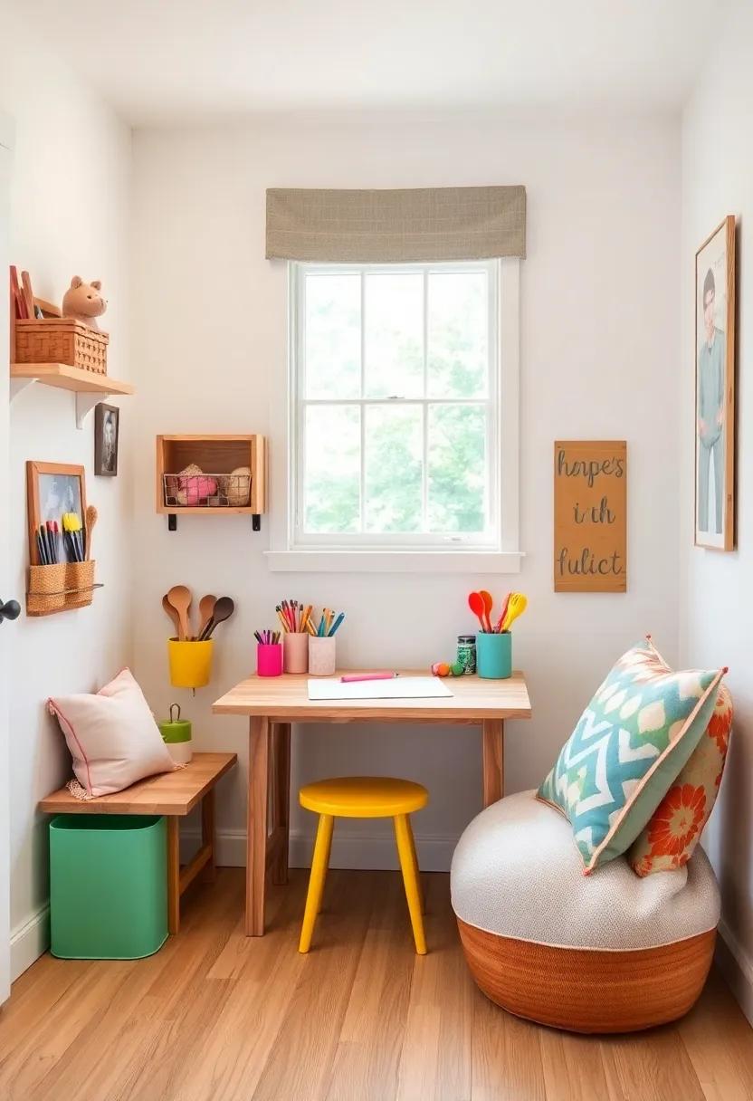 Farmhouse Flair:⁣ Rustic ‌charm meets artistic ⁢flair with a simple wooden art desk and cozy ‍seating. Brightly colored tools and supplies create a cheerful environment for budding⁢ creators