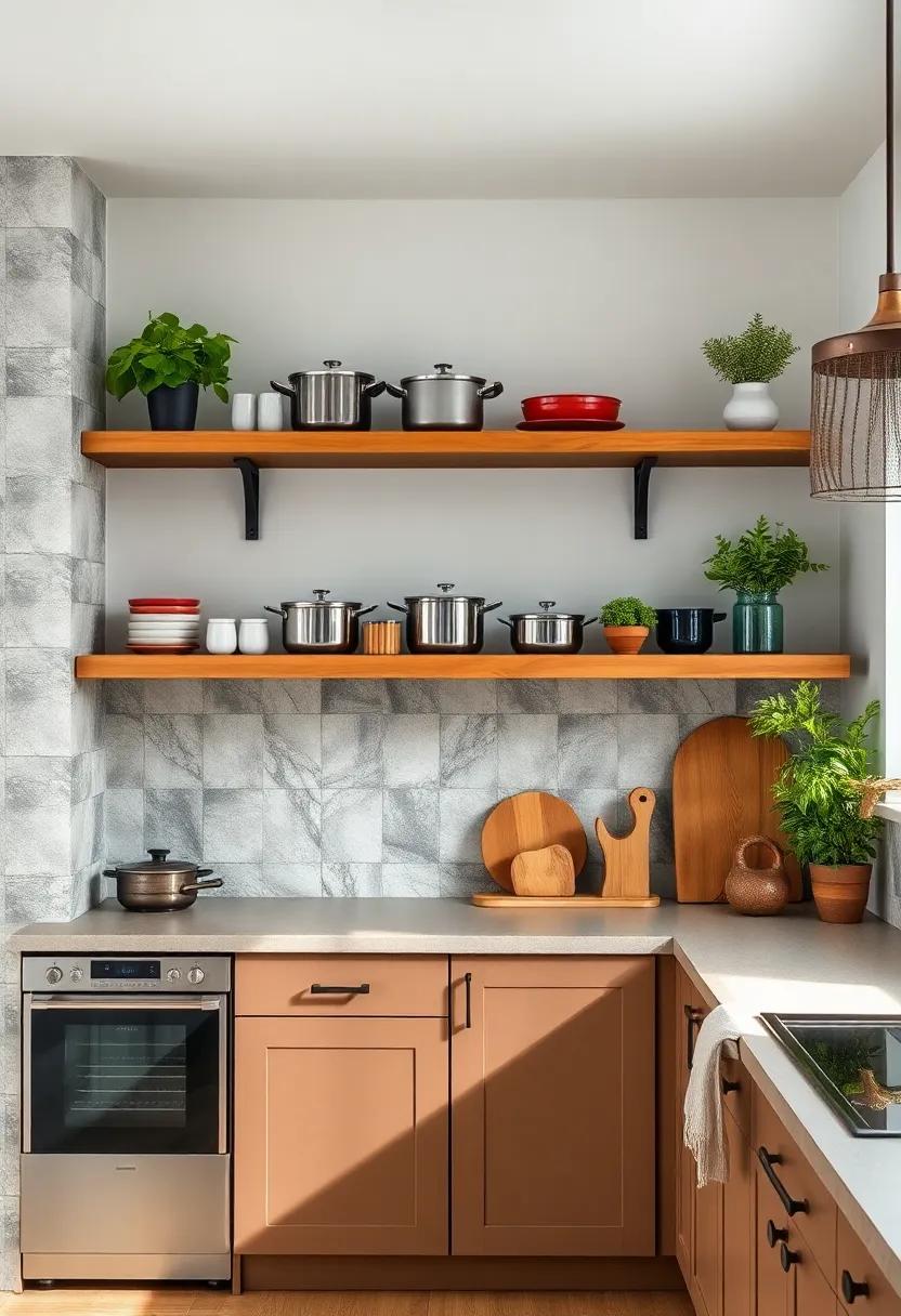 Floating Wood Shelves Displaying Curated ​Collections Of Cookware and Herbs In A Cozy⁢ Cottage Kitchen