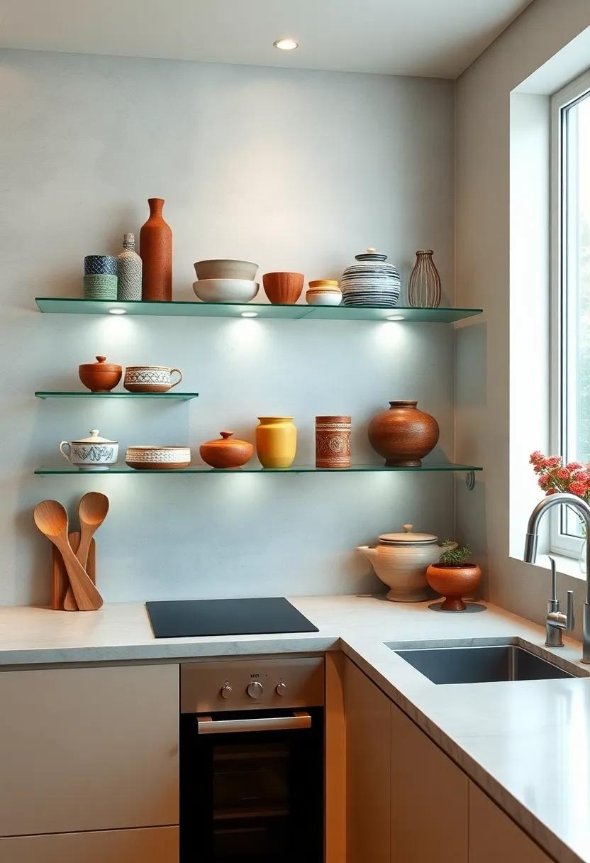 Glass Shelves with Underlighting Highlighting Decorative Ceramics And Unique Glassware In A Modern small ⁤Kitchen