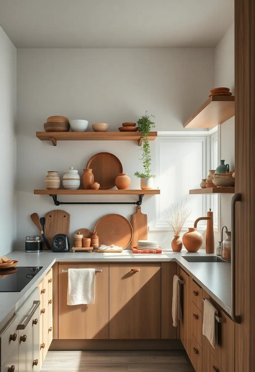 Natural⁤ Wood Open shelves‌ Complemented By earthy Textiles And ‍Pottery ⁢For ⁤A Bohemian ⁢Kitchen Style
