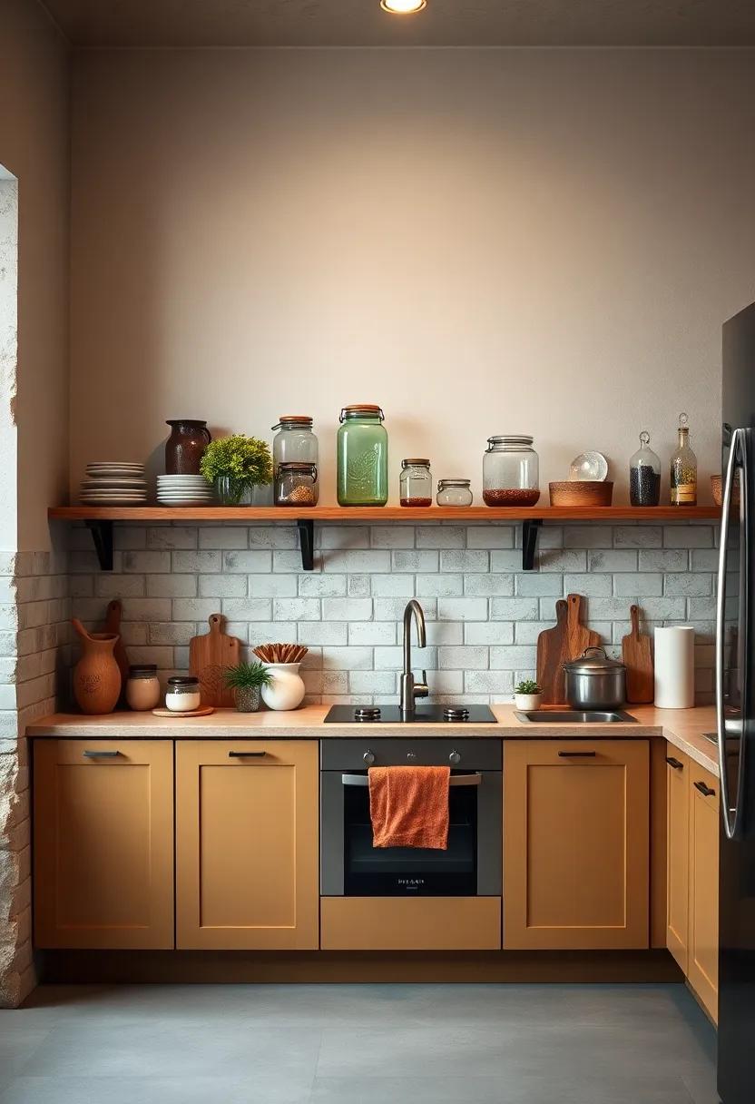 open Shelving Arranged With Vintage Kitchenware And Antique Jars‍ For A Nostalgic⁣ Retro Kitchen Ambience