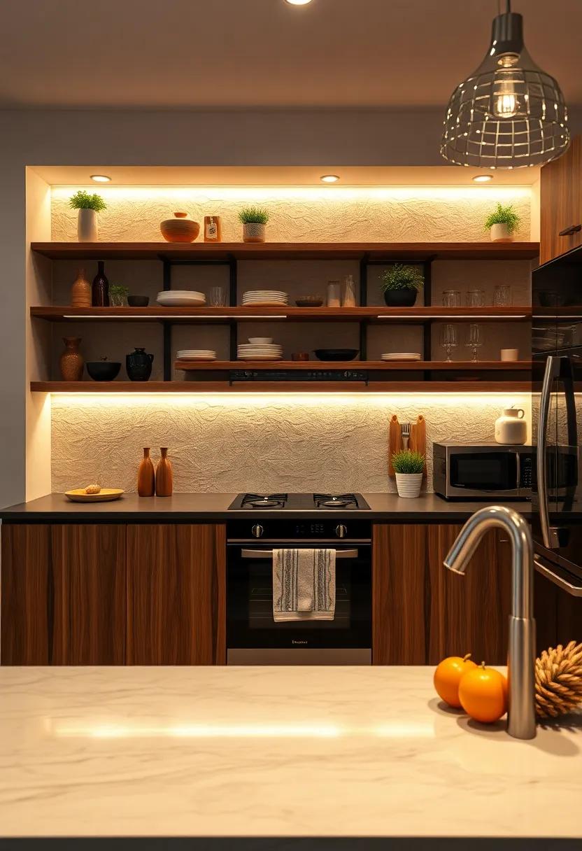 Open ⁤Shelving With Layered Lighting Effects to Create​ Mood And Highlight Key Decorative Elements In Small‍ Kitchens