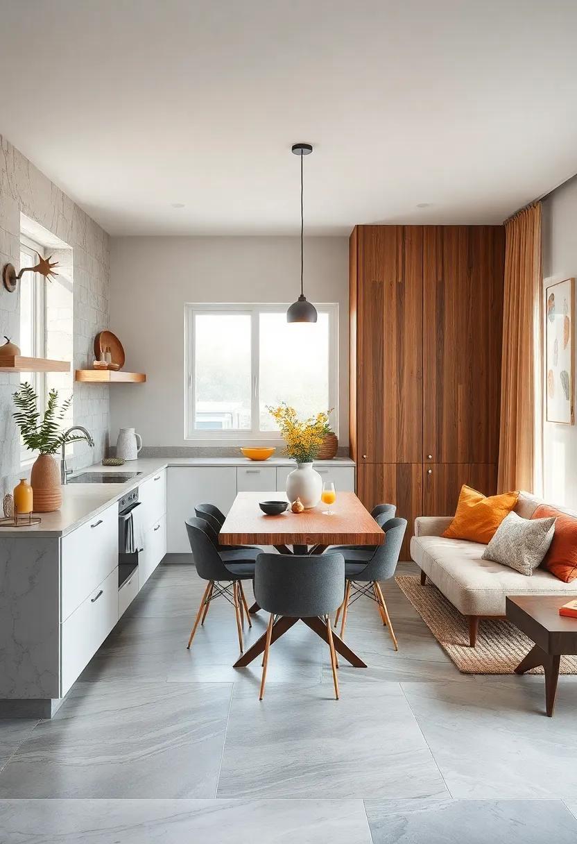 Contrasting Flooring patterns That Define Kitchen and Dining Areas Without physical Barriers