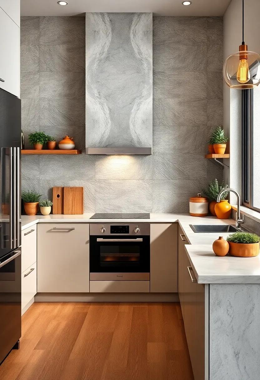 Textured Backsplashes adding Dimension and Character to Small L-Shaped Kitchen Walls
