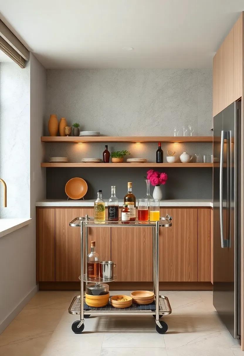 A minimalist small kitchen enhanced with a sleek metal bar cart doubling as a beverage station and cookware storage
