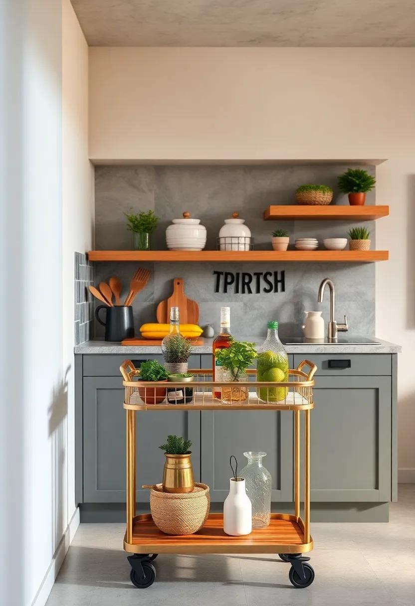 Scandinavian-inspired kitchen featuring a light wood ‌bar ⁤cart adorned with plants ‍and multi-tiered storage baskets