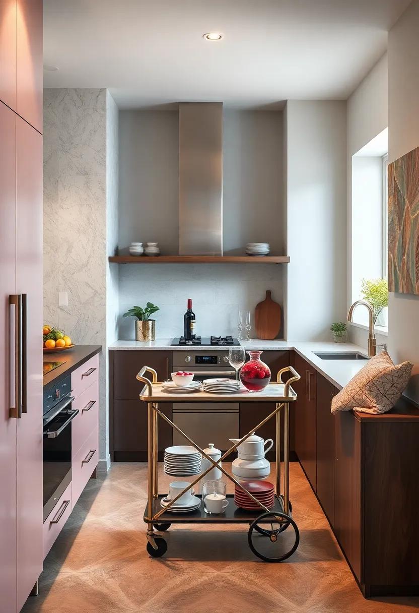 Elegant small kitchen using a marble-top bar cart to display fine china and serve as a temporary buffet