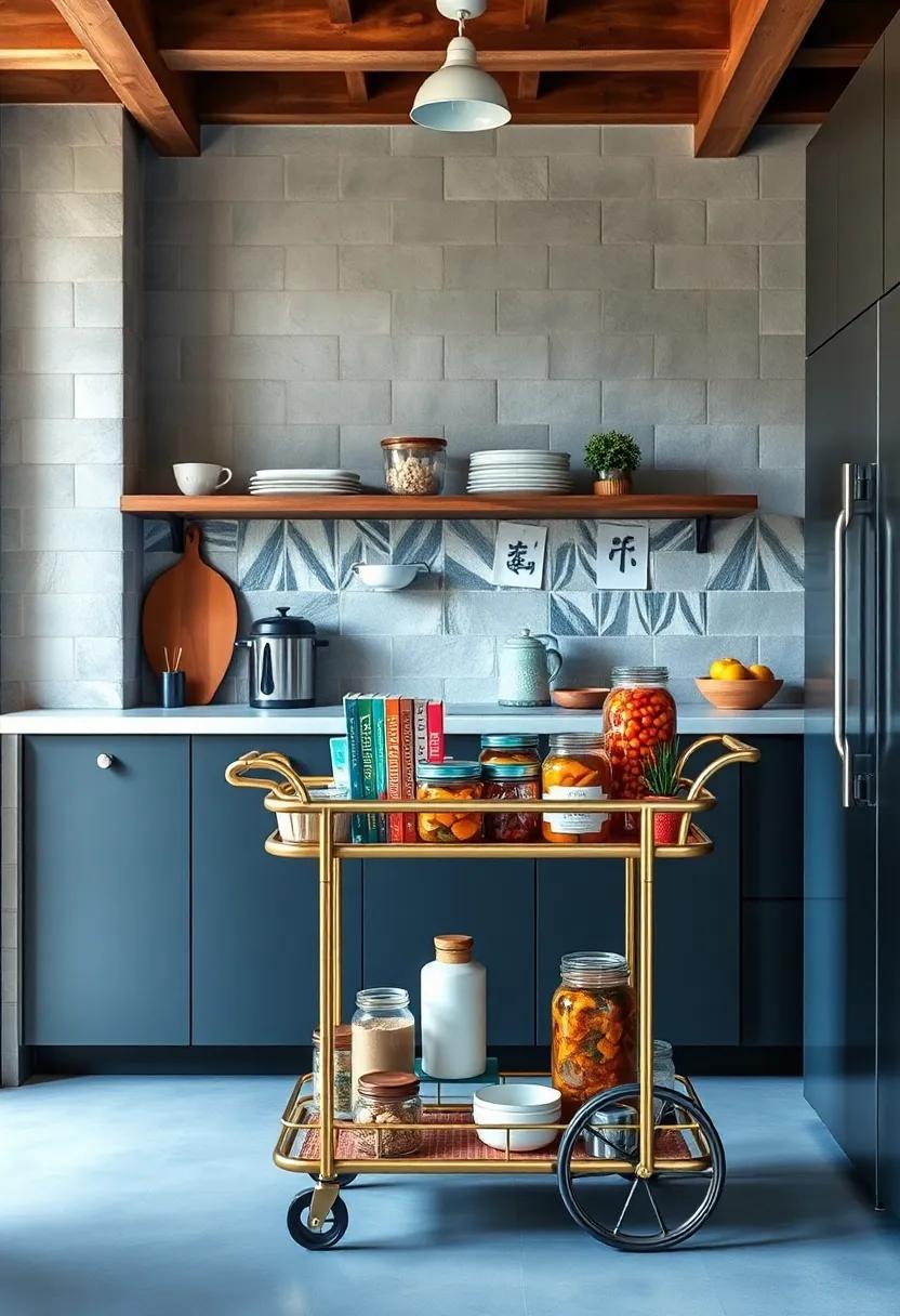 Eclectic kitchen design using a colorful bar cart to display cookbooks alongside jars of pantry staples