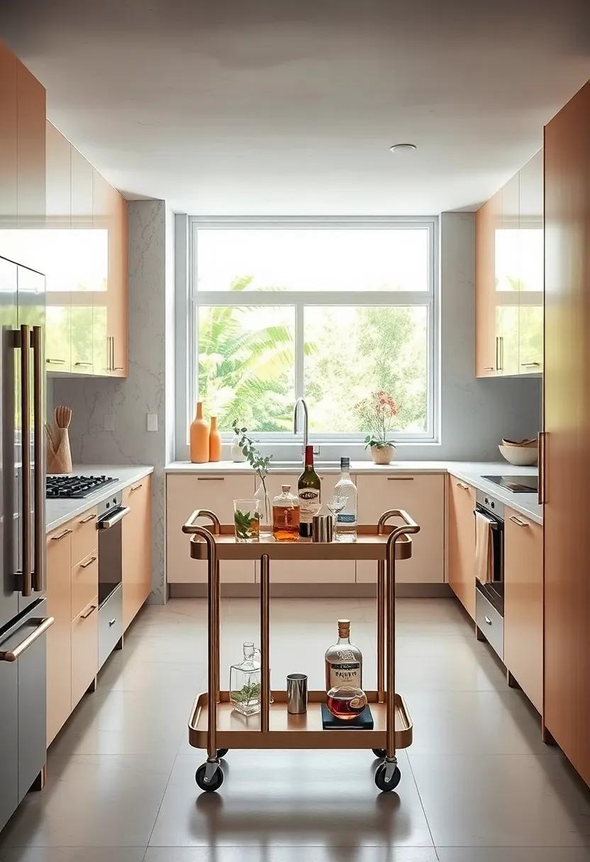 mid-century modern kitchen ​integrating‌ a sleek bar cart as a ‌cocktail station and extra counter extension