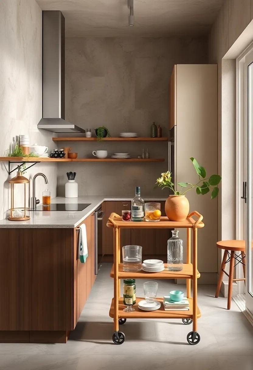 Compact kitchen​ with a vintage-inspired bar cart featuring open ​shelves for easy access to ⁣spices and ⁤utensils