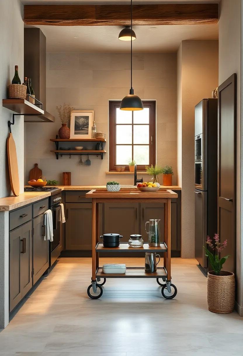 contemporary kitchen with a streamlined chrome bar cart that doubles as a ​mobile island​ and snack bar