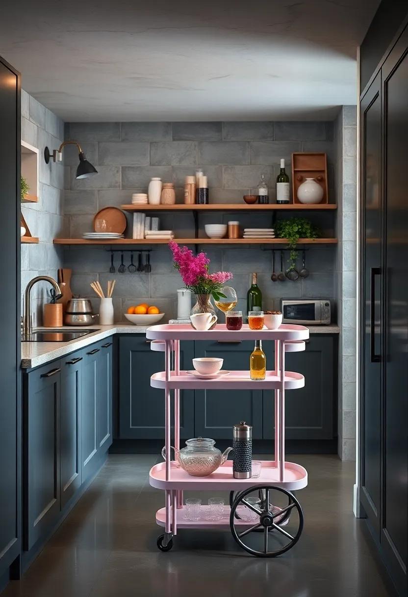 Vintage kitchen space with a pastel-colored​ bar cart serving as an elegant⁤ tea and coffee station