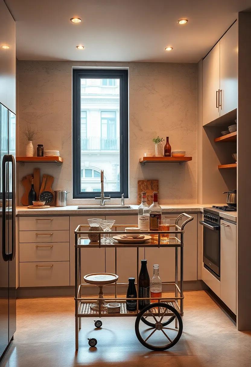 Chic city kitchen employing a mirrored ‌bar cart to visually expand the space and hold daily essentials