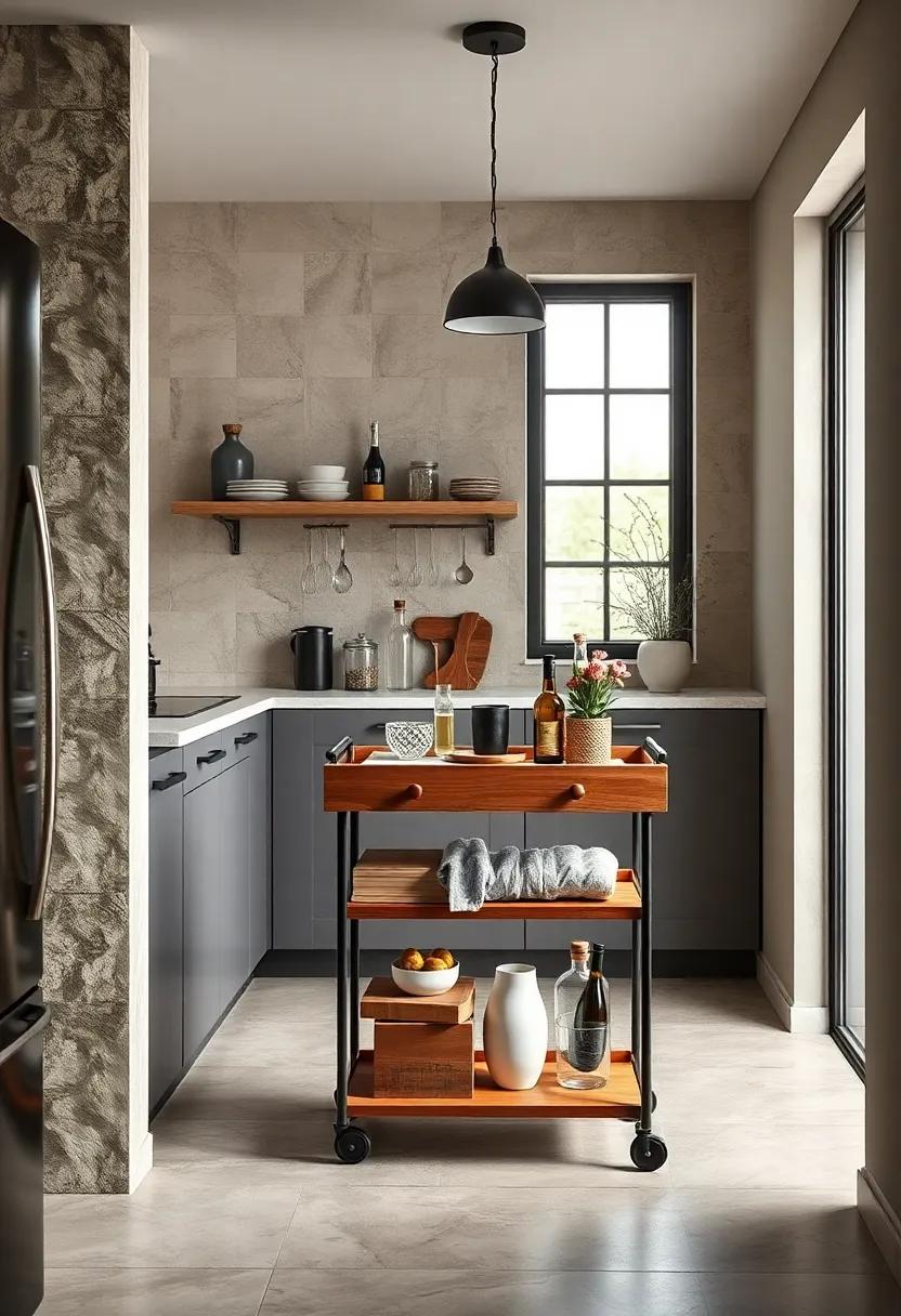Cozy kitchenette using a wooden bar cart with drawers to neatly store cutlery and kitchen linens