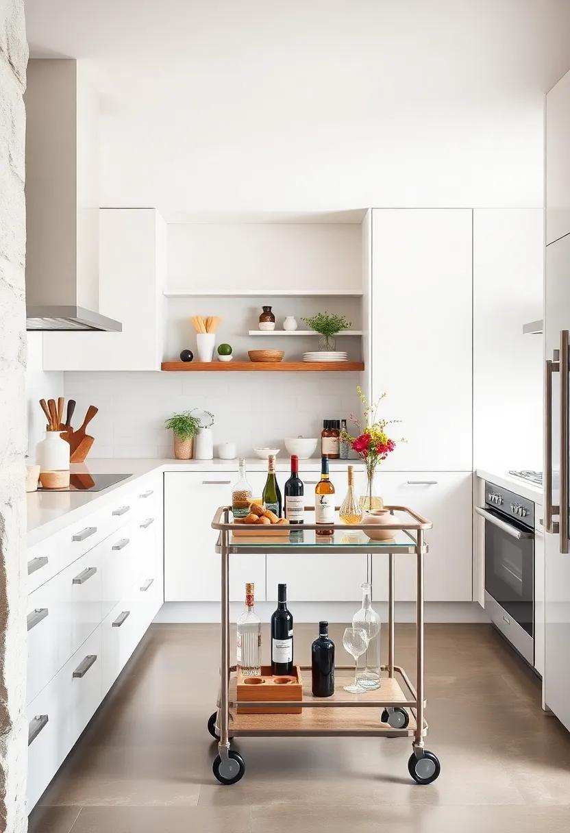 Modern white kitchen incorporating a glass-topped bar cart that serves as an additional prep surface and ‌wine rack