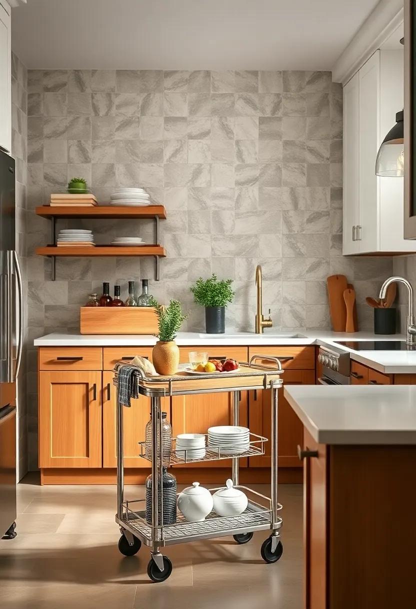 farmhouse kitchen blending a metal and wood bar cart practically placed beside the sink for dishware storage