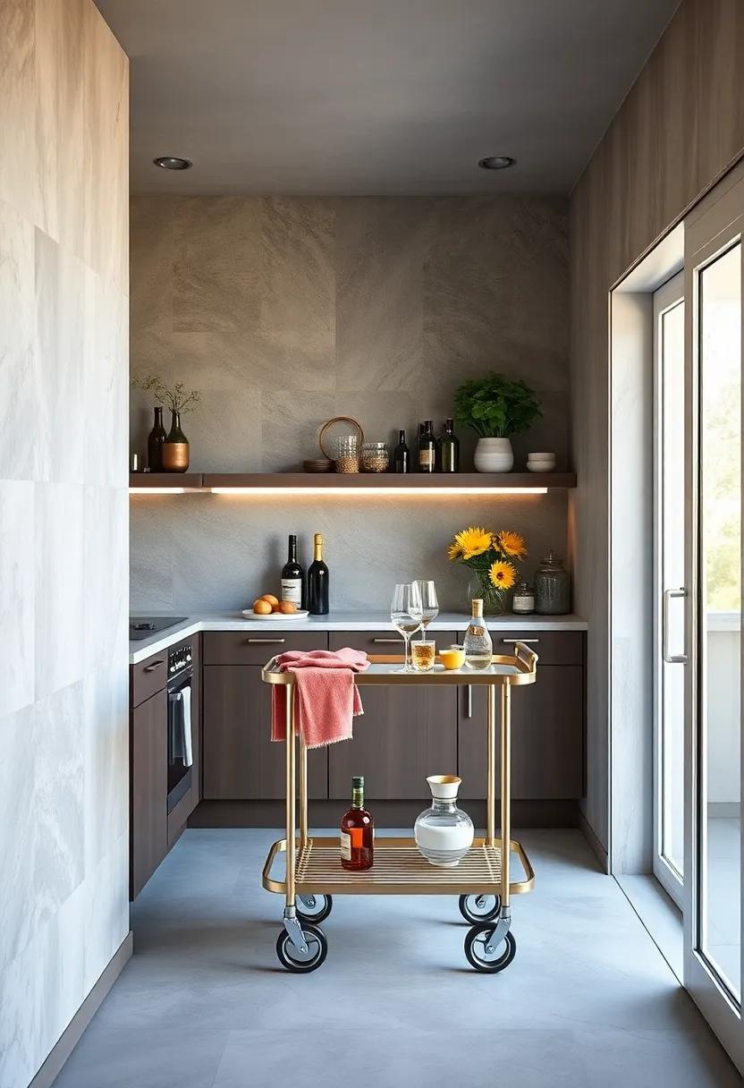 Space-saving small kitchen incorporating a foldable bar cart that easily tucks away when not in use