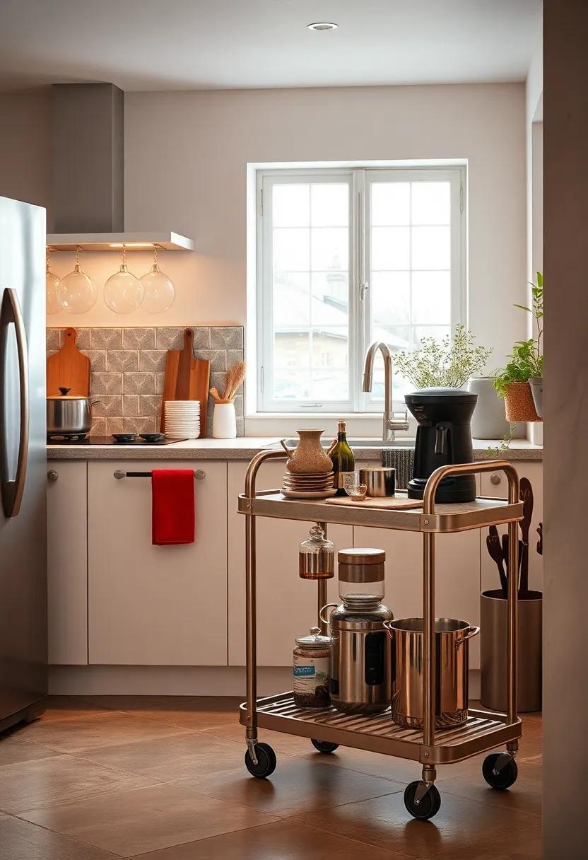 Industrial-style small kitchen with a rolling bar cart that holds pots,‌ pans,‍ and a coffee​ maker for functional appeal