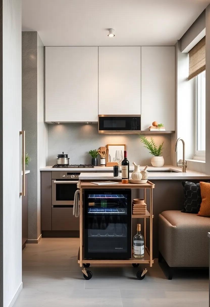 Urban apartment kitchen​ featuring a compact bar cart⁢ that doubles as both a wine fridge stand and utensil holder