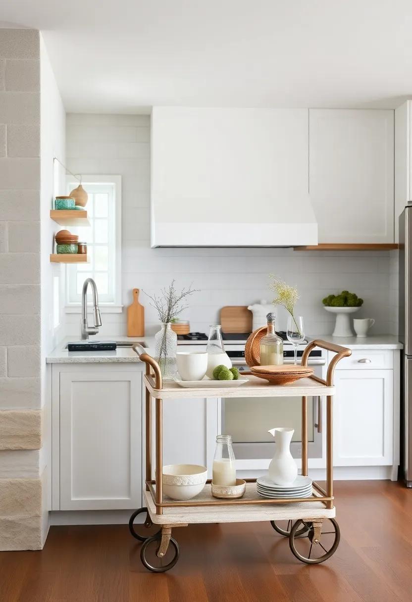 Beach-inspired kitchen with a​ whitewashed bar cart showcasing coastal decor and ample serveware storage