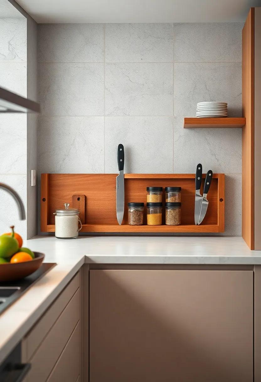 Magnetic Knife Strip With Integrated Wooden Shelf Holding​ Spice Jars⁣ Combining Practicality ⁣And Charm