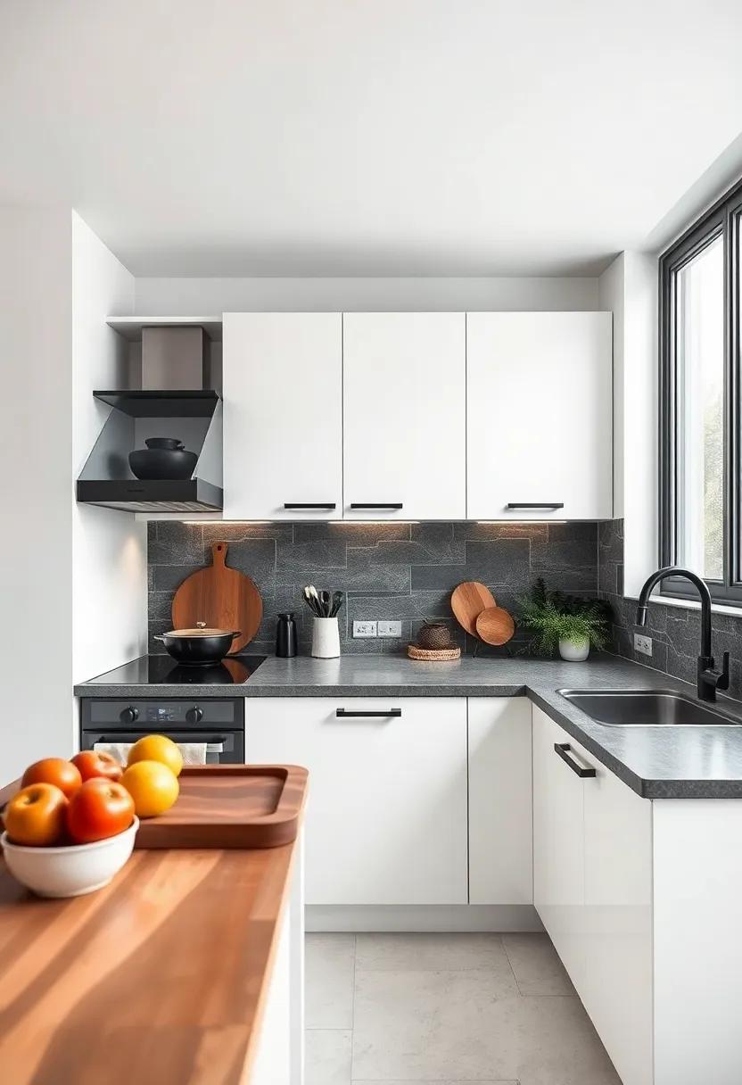 Monochrome Kitchen Aesthetic Enhanced ⁢By Black ⁢Magnetic Knife Strips Contrasted Against ‌White Walls