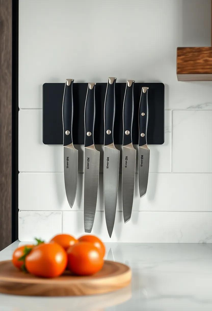 Close-Up of stainless Steel Knives Held​ Securely on a Matte Black Magnetic Strip against White Backsplash